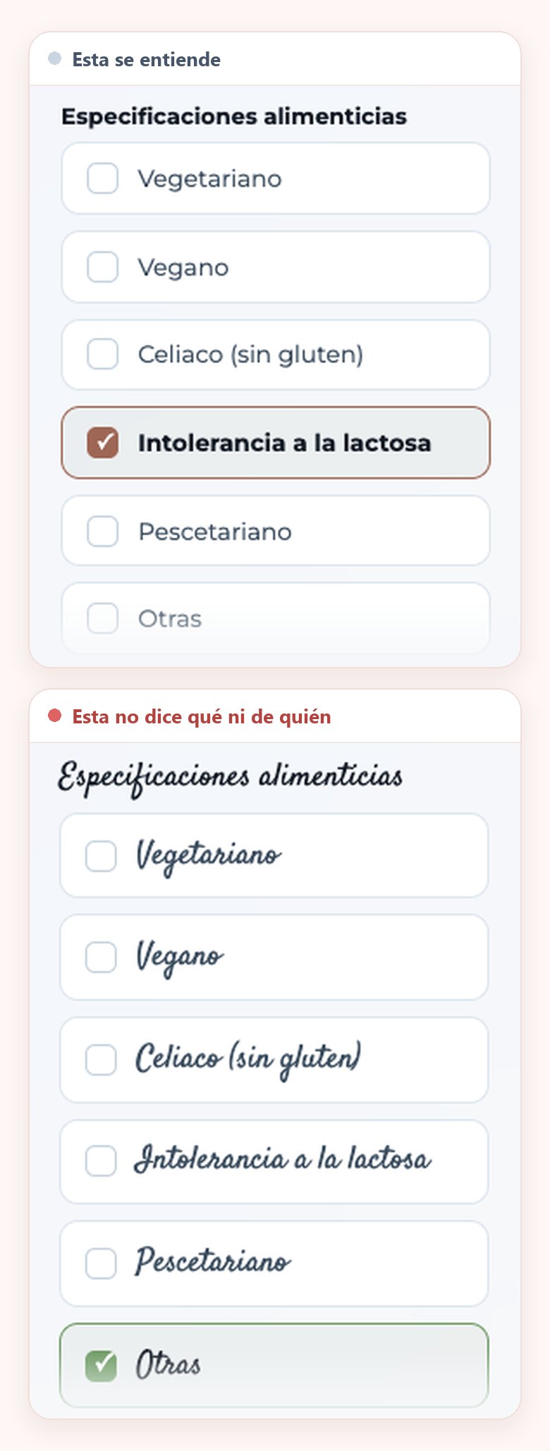 Dos formularios de bodas de verdad con la pregunta Especificaciones alimenticias, uno con Intolerancia a la lactosa marcada y otro, con la letra de su plantilla, con solo Otras marcada