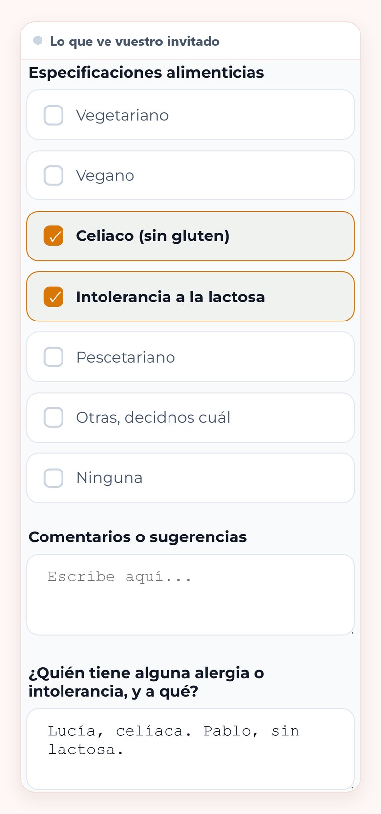El formulario que ve el invitado en el móvil, con las casillas de la comida, celíaco y lactosa marcadas, y la pregunta para escribir contestada con Lucía, celíaca. Pablo, sin lactosa