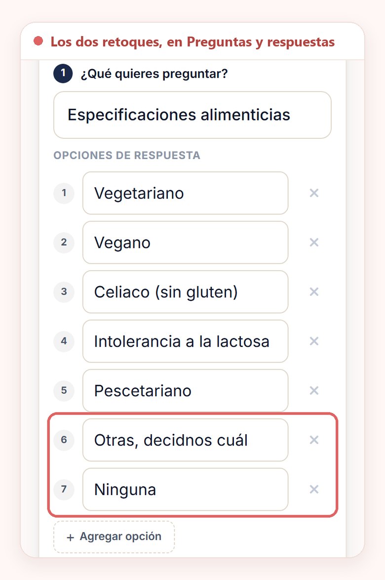 La pregunta Especificaciones alimenticias en el editor del móvil, con sus siete opciones y dos de ellas señaladas, Otras, decidnos cuál, y Ninguna