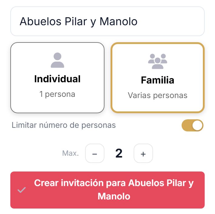 Alta de una invitación personal para una familia en el editor: el nombre, la opción de familia y el límite de dos personas