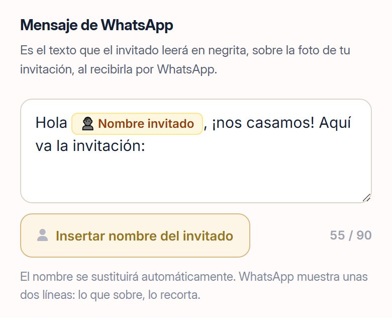 Ajustes de WhatsApp del editor: el campo del mensaje de la tarjeta, con la ficha del nombre del invitado y el contador de 90 caracteres