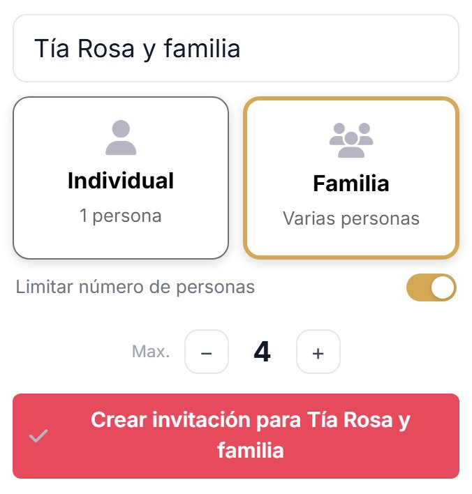 Alta de una invitación para varias personas en el gestor de invitados: el nombre Tía Rosa y familia, la opción de familia y el tope de cuatro personas