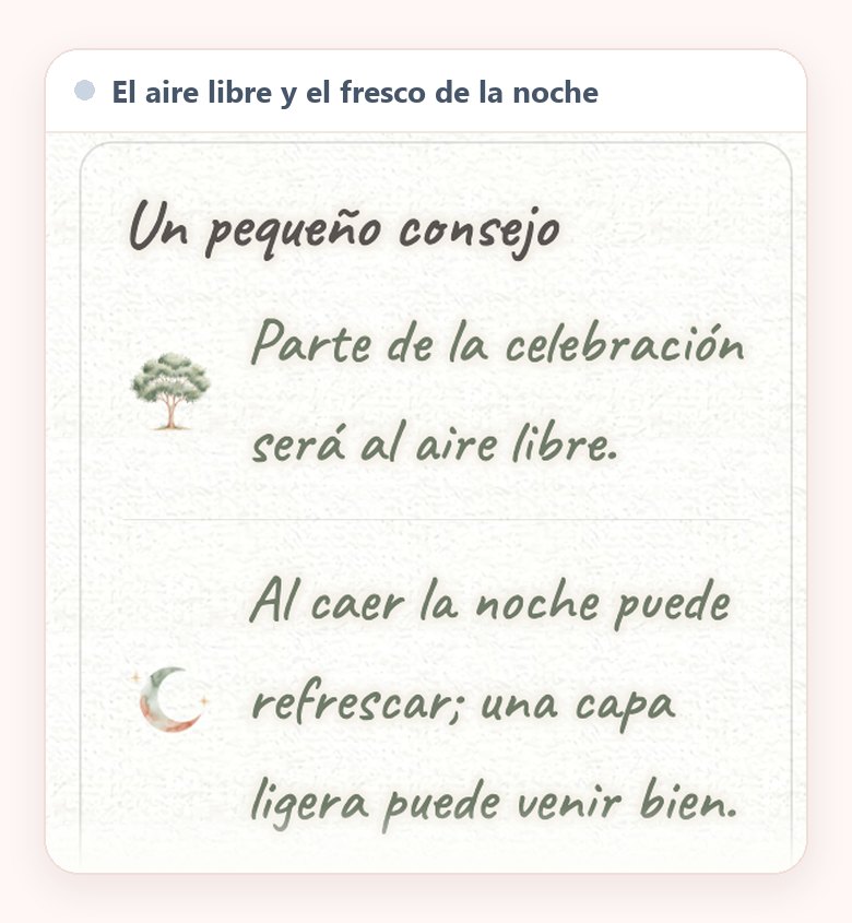 La caja Un pequeño consejo del bloque de dress code de una pareja, con dos avisos y su dibujo de acuarela: un árbol para el aire libre y una luna para el fresco de la noche