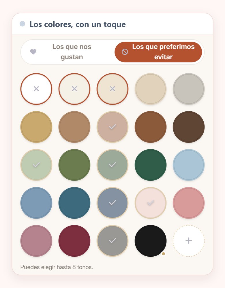 La pantalla de colores del editor en el móvil, con los botones Los que nos gustan y Los que preferimos evitar encima de la rejilla de tonos, el blanco, el marfil y el crema marcados para evitar y seis tonos marcados como sugeridos