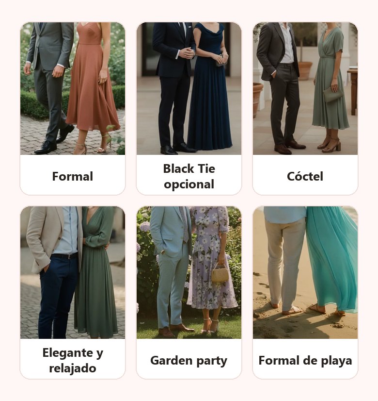 Seis fotos de dos invitados vestidos según cada código de vestimenta, cada una con su nombre: Formal, Black Tie opcional, Cóctel, Elegante y relajado, Garden party y Formal de playa