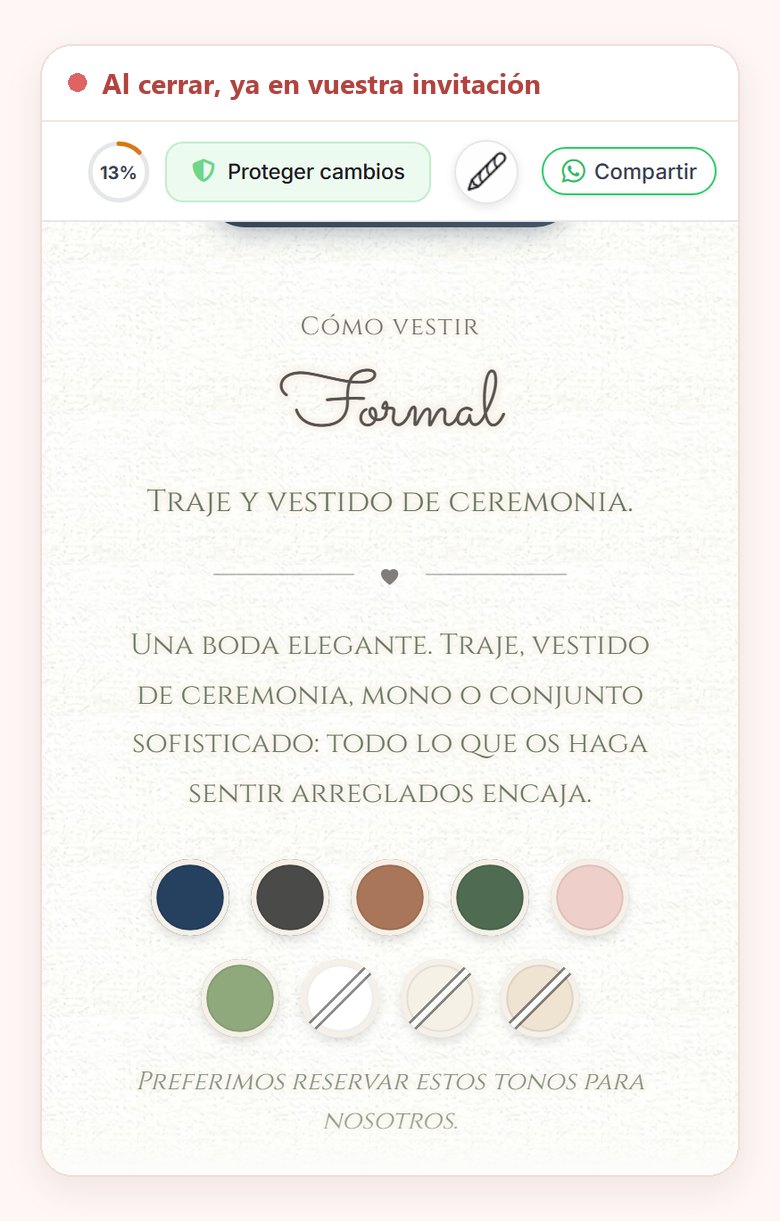 La invitación en el editor del móvil con el bloque de dress code ya puesto: Cómo vestir, Formal, su línea, el mensaje, seis tonos sugeridos y tres reservados tachados