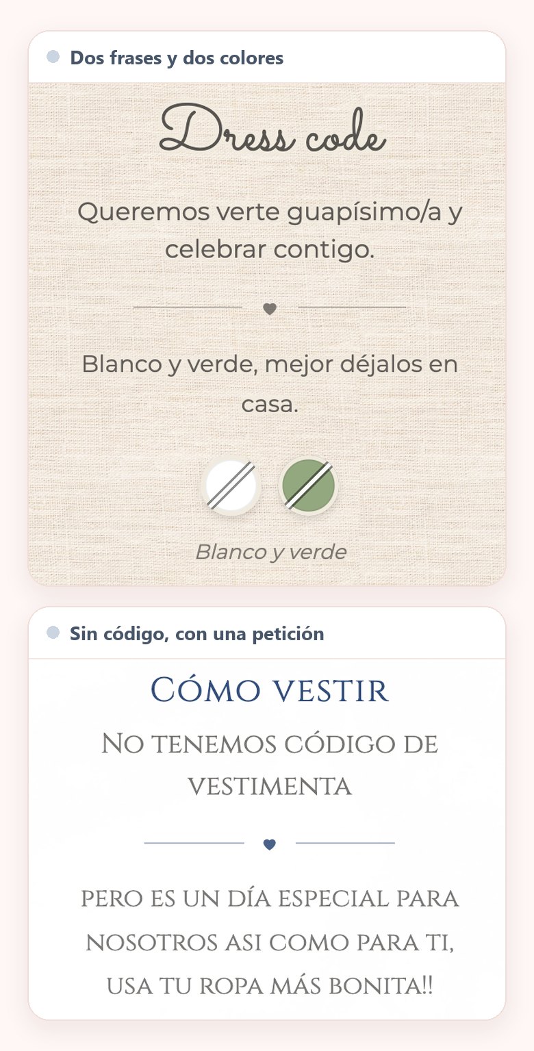 Dos bloques de dress code de parejas con su propio texto: uno titulado Dress code, con el blanco y el verde tachados, y otro que dice No tenemos código de vestimenta