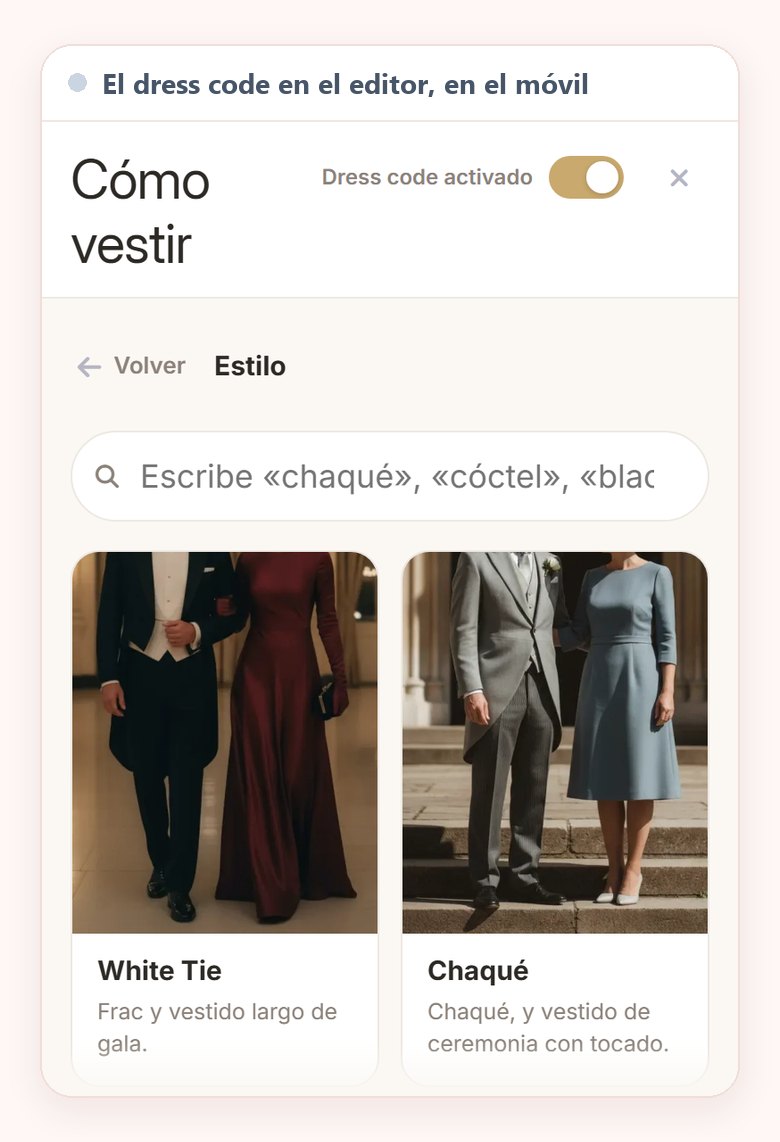 El editor del dress code en el móvil, con el título Cómo vestir, el buscador y las dos primeras tarjetas de la rejilla de códigos, White Tie y Chaqué, cada una con su foto y su línea