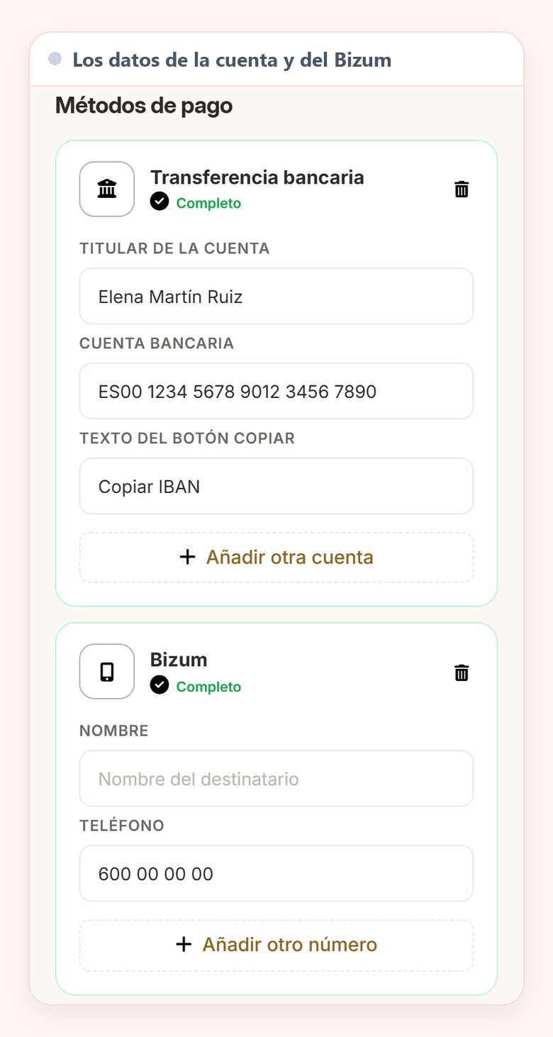 El editor en el móvil con la transferencia completa, el titular, la cuenta y el texto del botón Copiar IBAN, y debajo el Bizum con su teléfono y la opción de añadir otro número