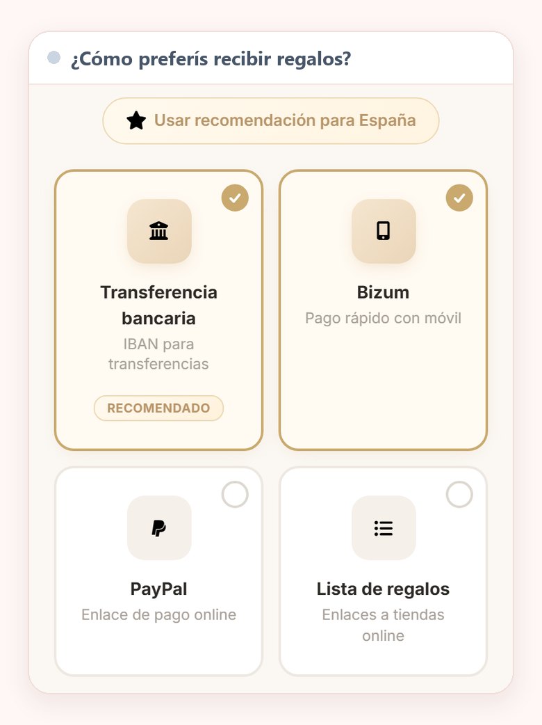 El editor en el móvil con las cuatro formas de recibir el regalo, Transferencia bancaria y Bizum marcadas, PayPal y Lista de regalos sin marcar, y encima el botón Usar recomendación para España