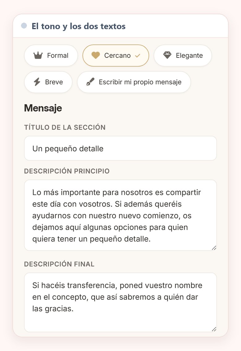 El editor en el móvil con los tonos Formal, Cercano, Elegante, Breve y Escribir mi propio mensaje, y debajo el título de la sección, el texto del principio y el texto final, que pide el nombre en el concepto