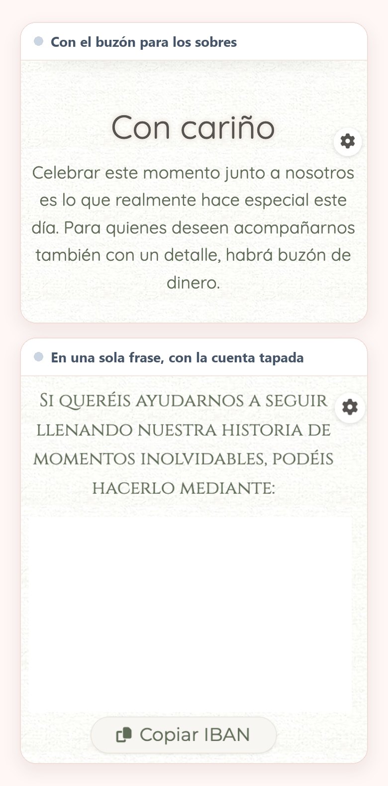 Dos secciones de regalos de invitaciones de parejas, una titulada Con cariño que avisa de que habrá buzón de dinero, y otra con la cuenta tapada que pide ayuda para seguir llenando su historia de momentos y lleva el botón Copiar IBAN