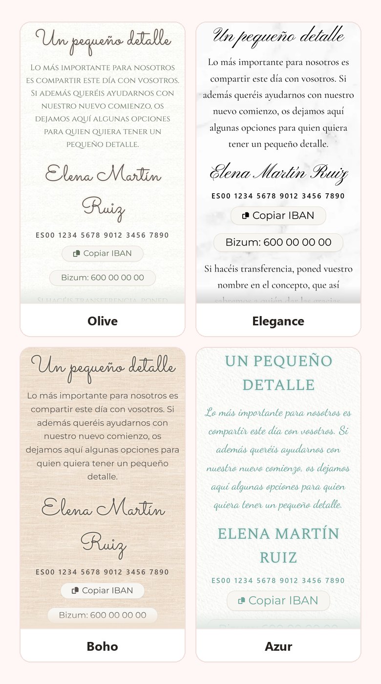 La misma sección de regalos, con su título, su mensaje, el titular y la cuenta con el botón de copiar, pintada en cuatro diseños de invitación, Olive, Elegance, Boho y Azur, con el Bizum debajo en los tres primeros