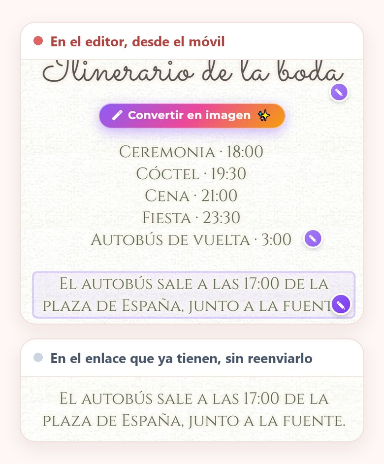 Arriba, el editor de la invitación en el móvil con el texto del autobús seleccionado para escribir encima, El autobús sale a las 17:00 de la plaza de España, junto a la fuente. Abajo, ese mismo texto en la web que abren los invitados