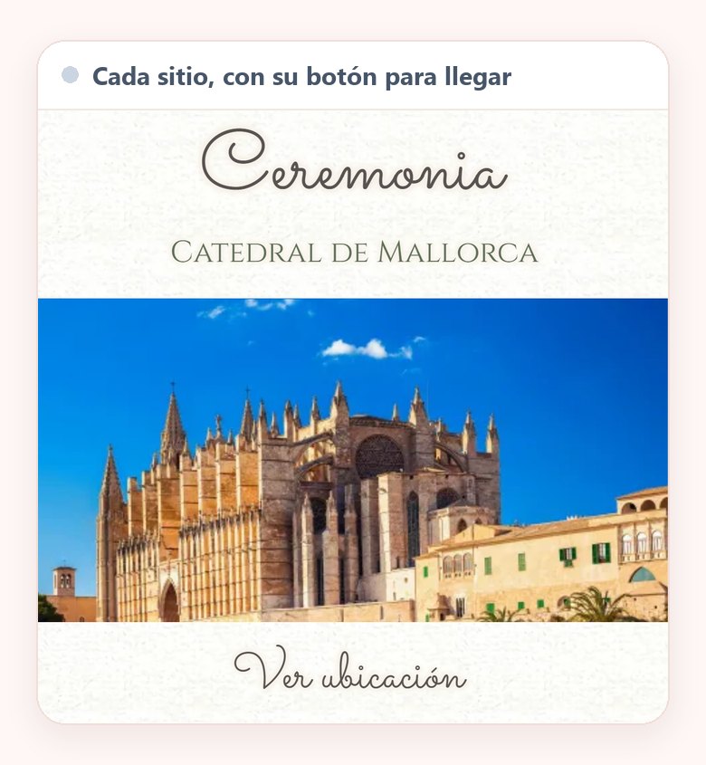 La ceremonia de una boda de prueba en la web, en el móvil, con el nombre del sitio, Catedral de Mallorca, su foto y debajo el botón Ver ubicación