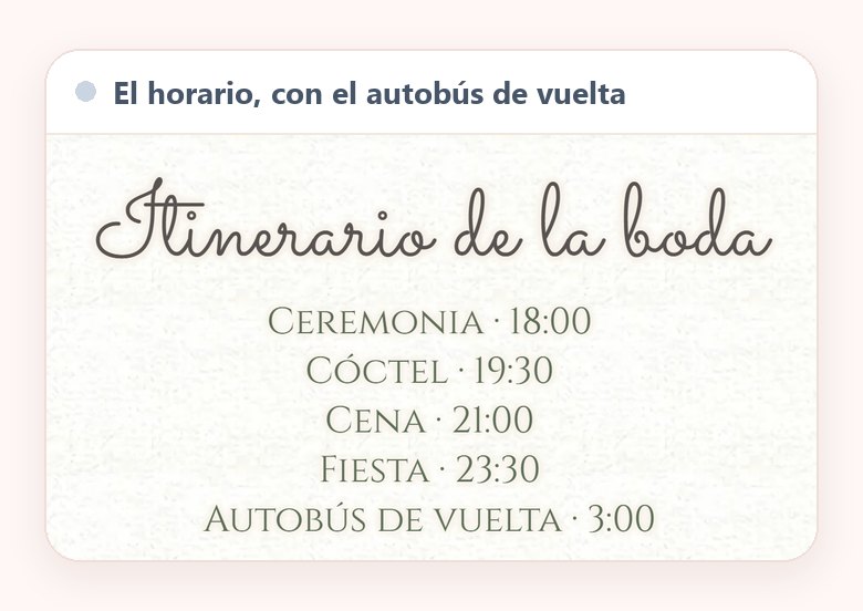 El horario de una boda de prueba en la web, en el móvil, con la ceremonia a las 18:00, el cóctel a las 19:30, la cena a las 21:00, la fiesta a las 23:30 y el autobús de vuelta a las 3:00