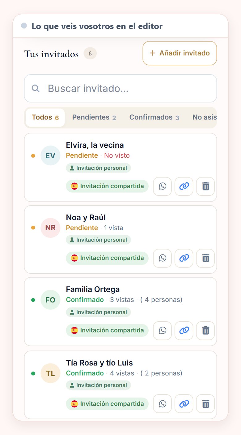 La lista de invitados en el editor del móvil, con Elvira, la vecina, pendiente y sin ver, Noa y Raúl, pendientes con una vista, Familia Ortega, confirmada con tres vistas y cuatro personas, y Tía Rosa y tío Luis, confirmados con cuatro vistas
