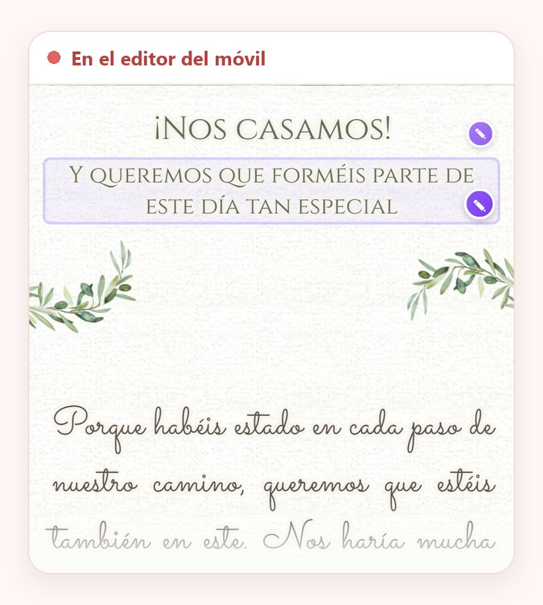 El editor de la invitación en el móvil, con la línea que invita iluminada con un borde lila para escribir encima y un lápiz junto a cada texto, en la portada del diseño Olive