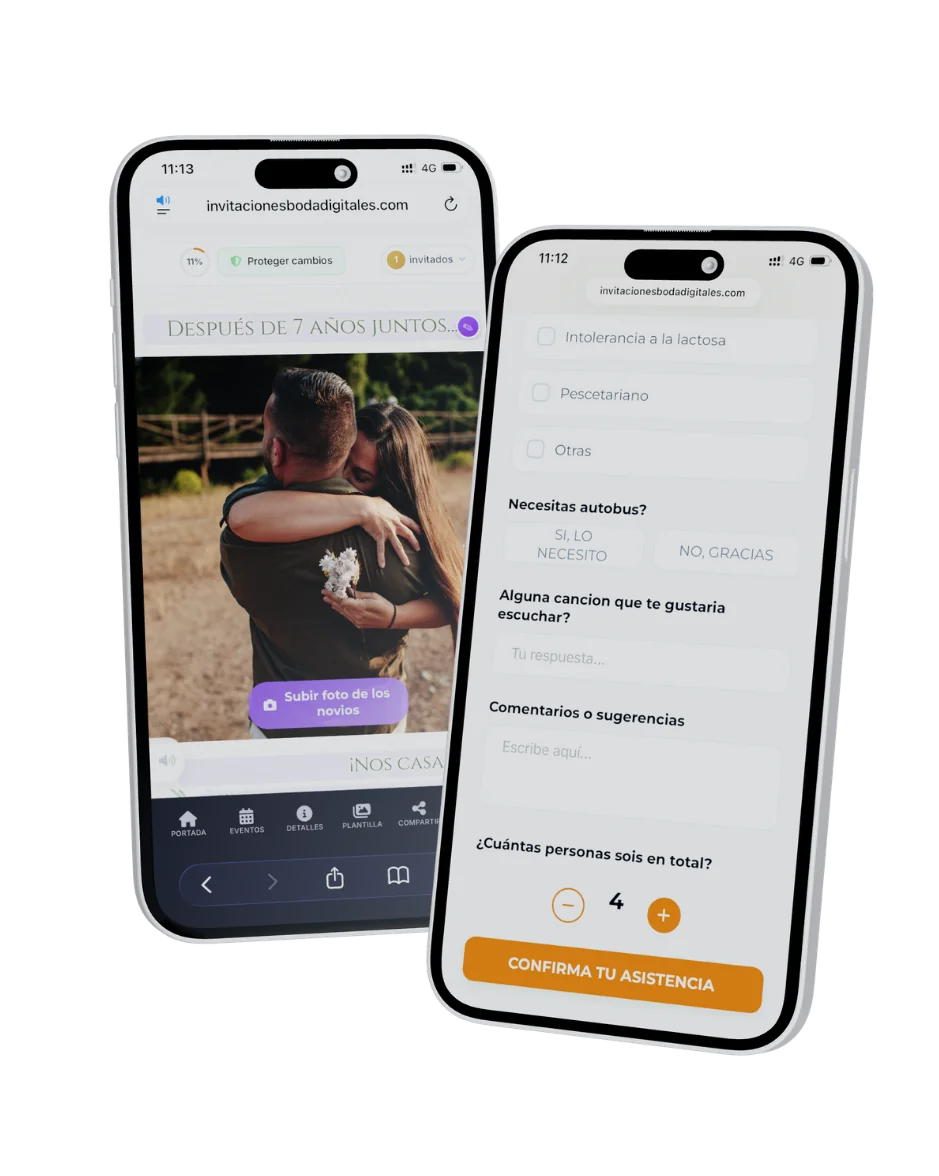 Invitación de boda digital interactiva con editor en vivo, RSVP, música y mapa
