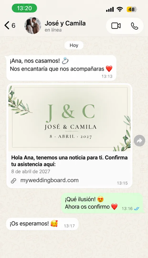 La invitación de boda digital llega por WhatsApp y la invitada contesta que confirma su asistencia