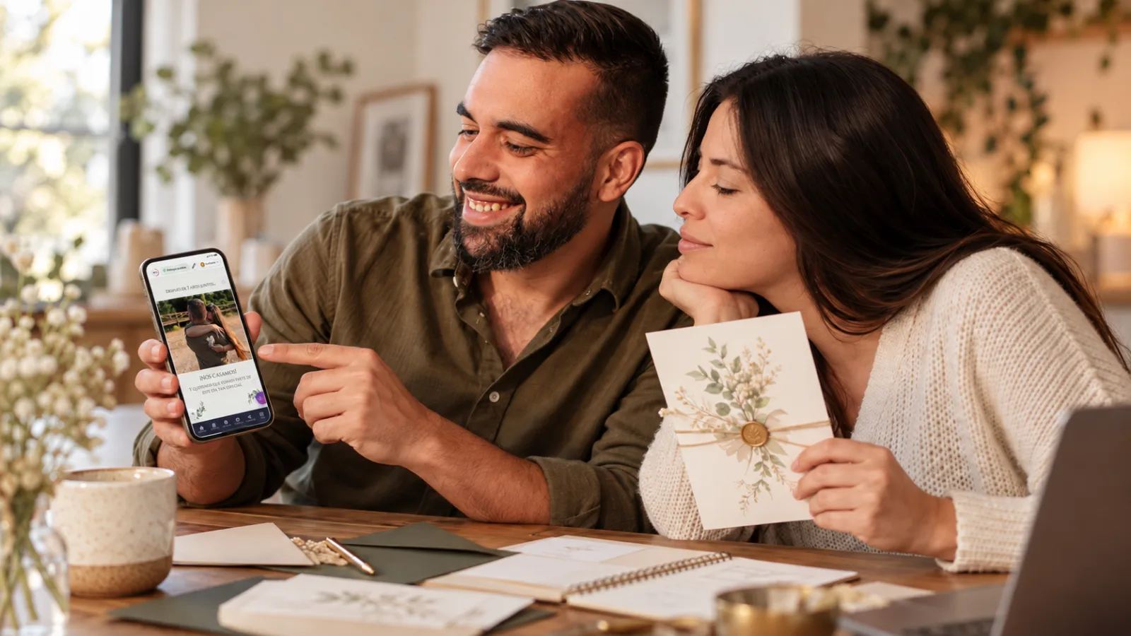 Una pareja compara su invitación de boda digital en el móvil con una invitación de boda en papel