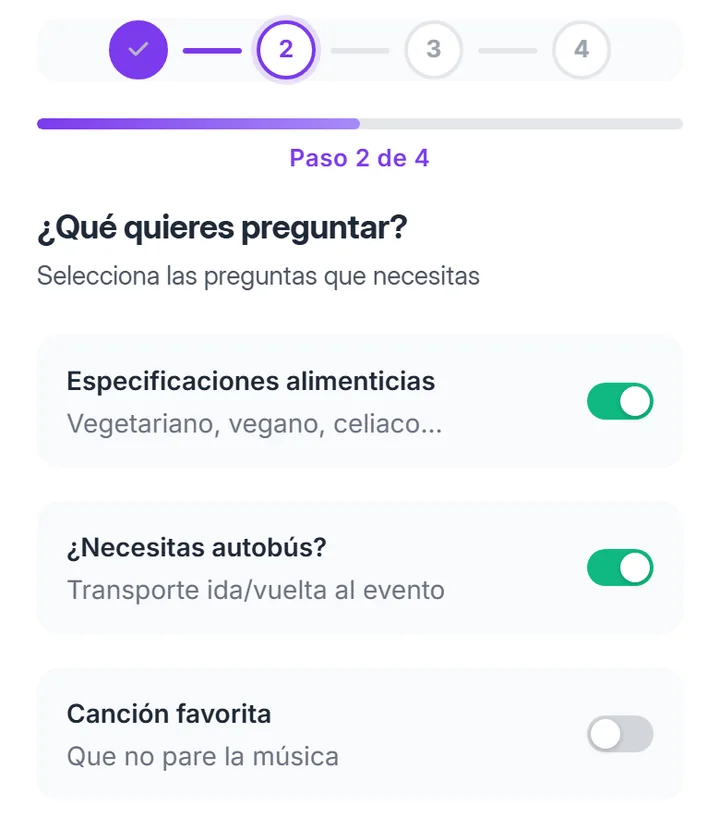 El segundo paso del asistente del editor, que pregunta qué se quiere preguntar a los invitados: alergias, autobús y canción, cada una con su interruptor