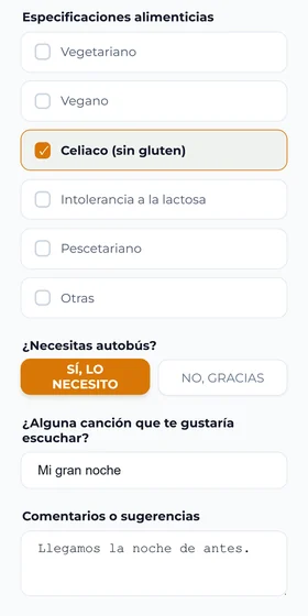 La pregunta de alergias e intolerancias del formulario de confirmación de la boda, con la opción de celíaco marcada