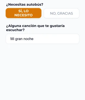 Las preguntas del autobús y de la canción en el formulario de confirmación de asistencia de la boda