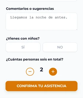 El final del formulario de confirmación de la boda: el contador de cuántas personas son en total y el botón de confirmar