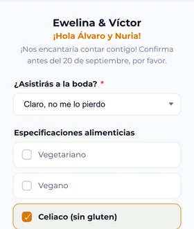 El principio del formulario de confirmación: el saludo al invitado, el mensaje con la fecha tope y la pregunta de si asistirá a la boda
