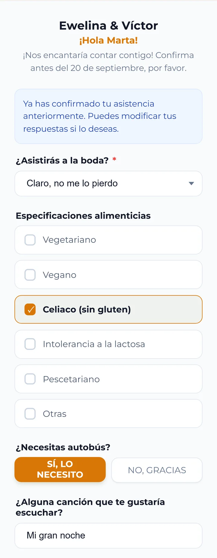 El formulario de una invitada que ya confirmó su asistencia a la boda: le avisa de que puede modificar sus respuestas desde el mismo enlace