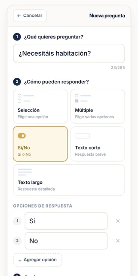 La pantalla del editor para crear una pregunta propia en el formulario de confirmación: se escribe la pregunta y se elige entre selección, múltiple, sí o no, texto corto y texto largo
