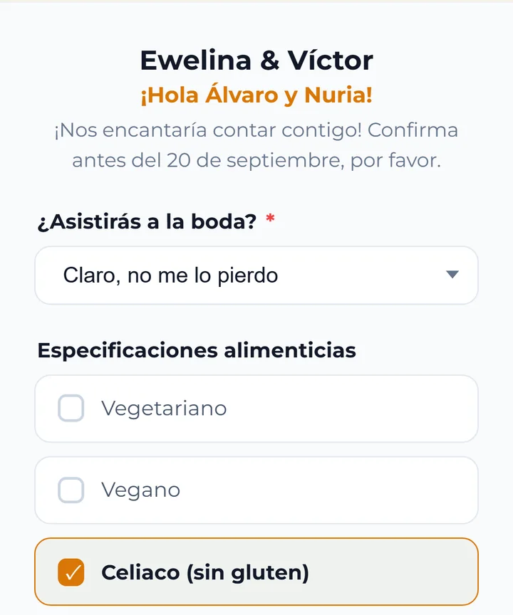 El formulario de confirmación de asistencia con sus cuatro partes señaladas: el saludo con el nombre, el mensaje con la fecha tope, la pregunta de asistencia y las alergias