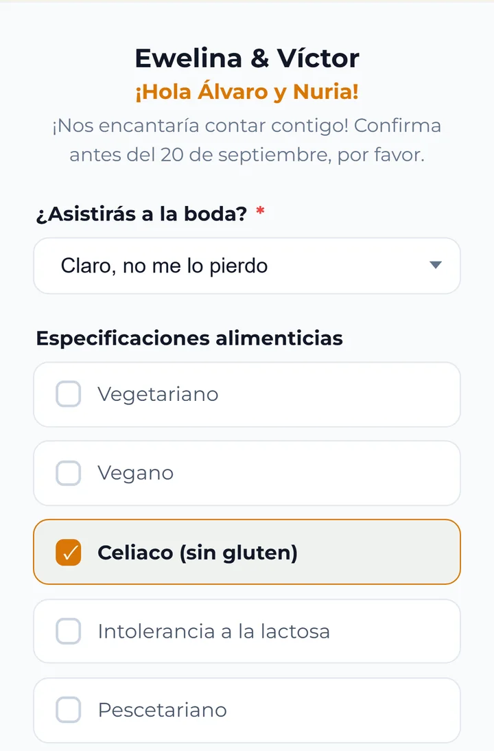 Formulario de confirmación de asistencia de una boda en el móvil: saluda a los invitados por su nombre, lleva la fecha tope y pregunta si asistirán y sus alergias