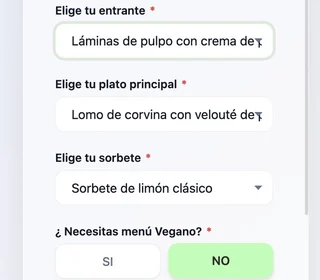 El formulario de confirmación de asistencia de una boda con los platos del menú para elegir: entrante, plato principal, sorbete y si necesitan menú vegano