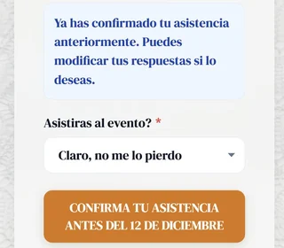 El botón de confirmar de una invitación de boda con la fecha tope escrita, confirma tu asistencia antes del 12 de diciembre, debajo del aviso de que el invitado puede cambiar su respuesta