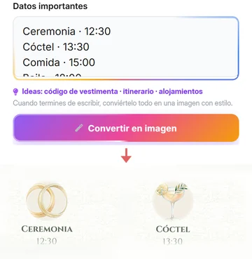 El horario escrito en el campo Datos importantes de la pestaña Detalles, con el botón Convertir en imagen y, debajo, la ceremonia y el cóctel ya dibujados por la IA