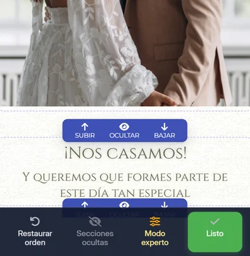 El editor de secciones de la web de boda, con Subir, Ocultar y Bajar en cada una