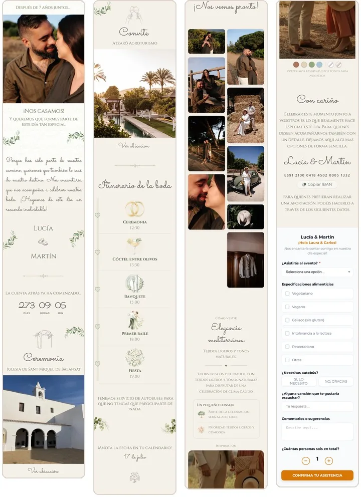 Ejemplo de web de boda entera en el móvil, partida en cuatro tiras: la foto de la pareja, la cuenta atrás, la ceremonia, el convite, el horario dibujado, la galería, cómo vestir, los regalos y el formulario