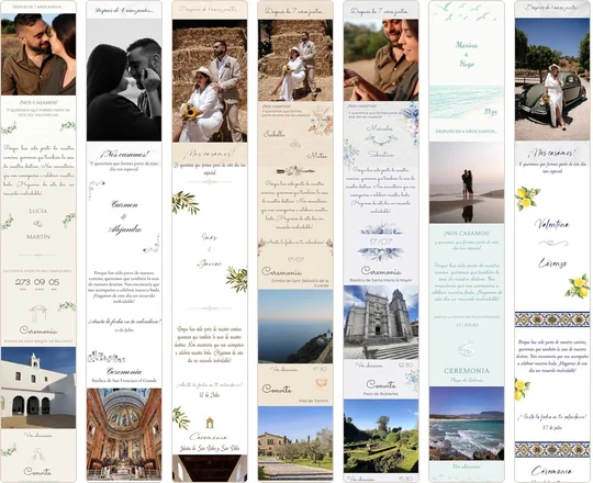 Las siete webs de boda de ejemplo, una al lado de otra por arriba, cada una con su foto, los nombres de la pareja y la ceremonia en su propio diseño