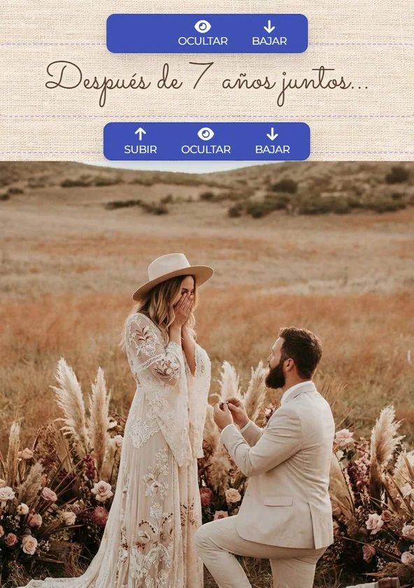 Los botones Subir, Ocultar y Bajar sobre las secciones de una web de boda, en el editor del móvil
