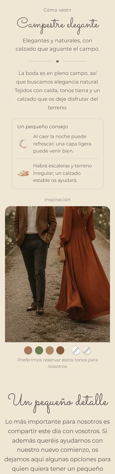 La sección de cómo vestir de una boda en el campo, con el estilo campestre elegante y su explicación