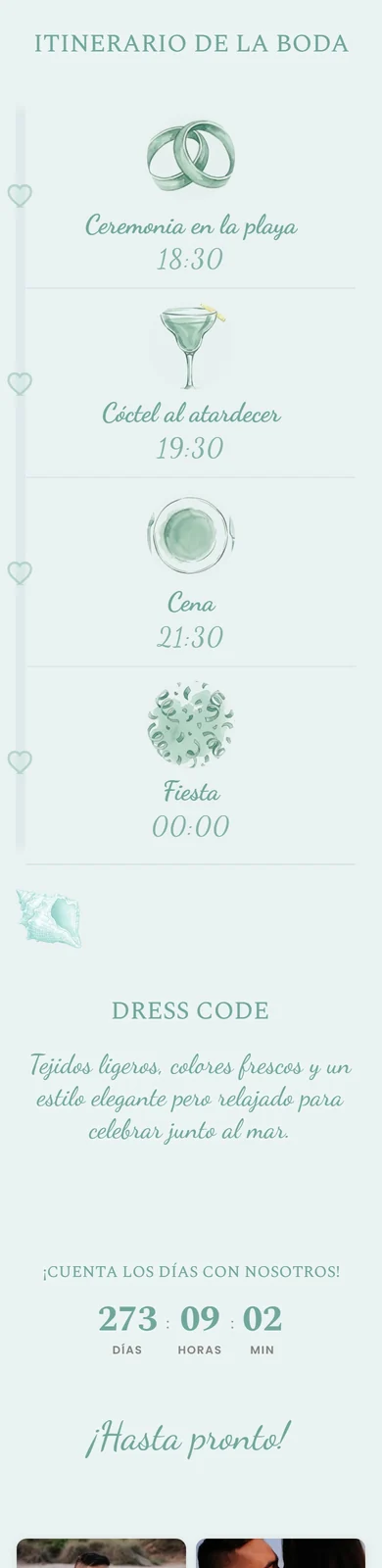 El horario de una boda en la playa en la web, con un dibujo y la hora de cada momento
