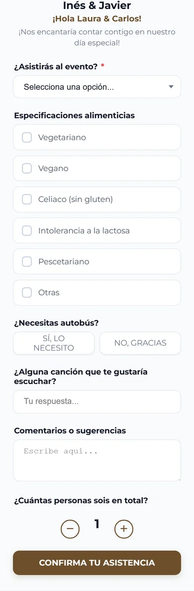 El formulario de confirmación de asistencia de una web de boda, que saluda al invitado por su nombre y le pregunta por la comida