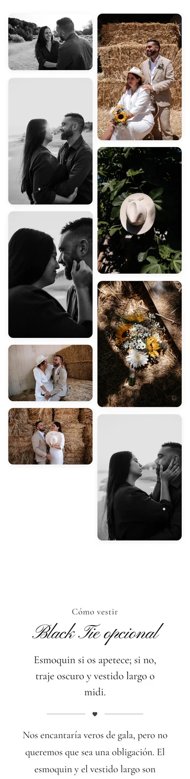 La galería de fotos de una web de boda en mosaico, con fotos de la pareja en blanco y negro y en color