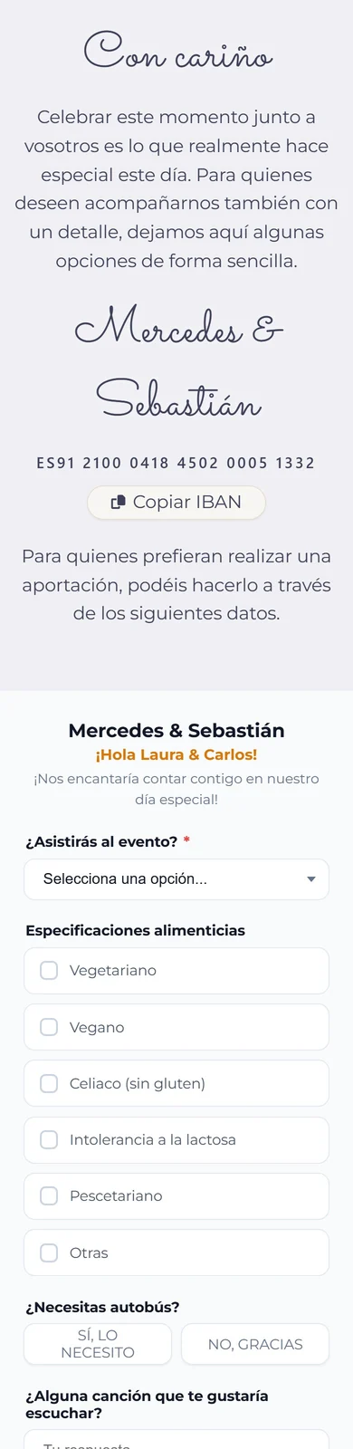La sección de regalos de una web de boda, con el número de cuenta y el botón Copiar IBAN
