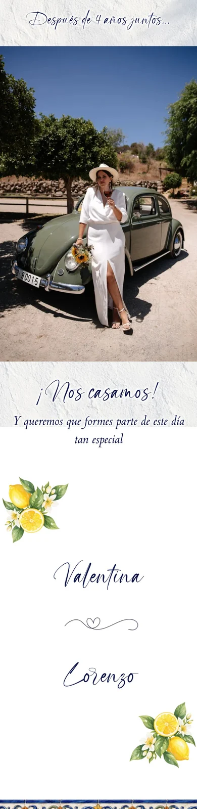 La portada de una web de boda, con la foto de la novia apoyada en un coche antiguo
