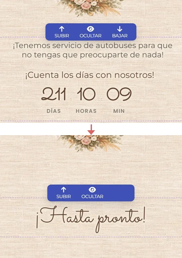 Una sección de la web de boda antes y después de ocultarla: la cuenta atrás desaparece y lo de debajo sube