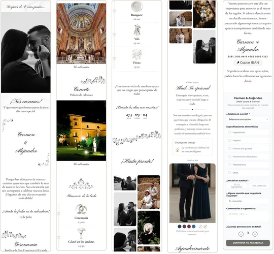 Toda la web Elegance, con mármol, fotos en blanco y negro, la basílica, el palacio y el formulario