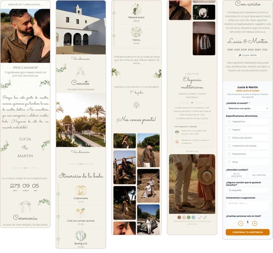 La web de boda Olive de arriba abajo, con ramas de olivo, la iglesia, el agroturismo, el horario dibujado y el formulario
